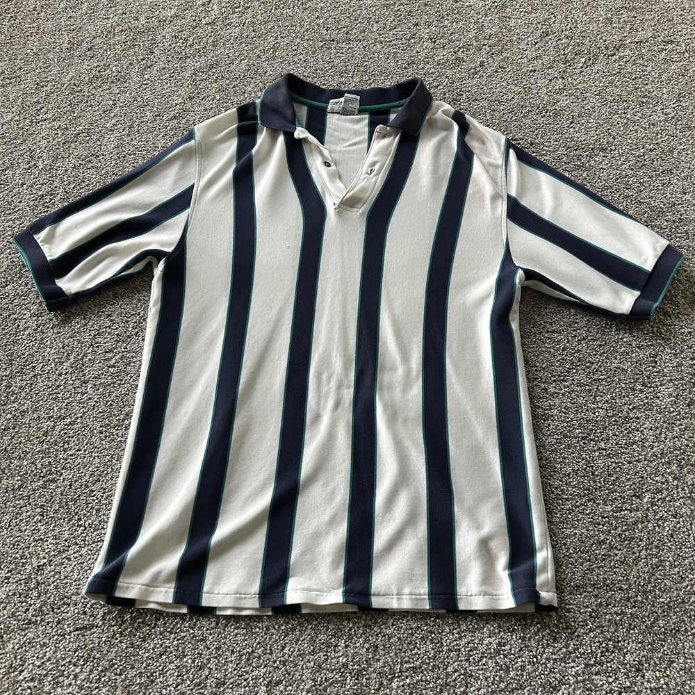 Vintage IZOD Club Polo Shirt Mens M Blue Stripe Cotton Jersey Short Sleeve